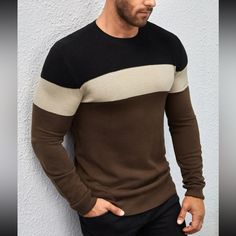 Super Stylish Ships In 5-10 Business Days Trendy Brown Top With Contrast Color, Brown Winter Tops With Contrast Color, Brown Winter Top With Contrast Color, Winter Brown Top With Contrast Color, Trendy Brown Color Block Tops, Patchwork Clothing, Colorblock Sweater, Rose Sweater, Rose Black