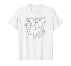 a white t - shirt with an image of the bride and groom in disney's wedding