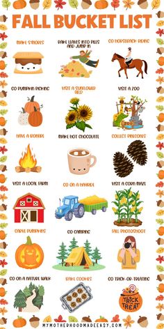 the fall bucket list with pumpkins, leaves and other things to do in it