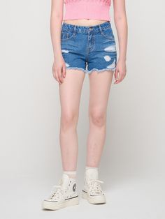 Composition : 100% cottonCountry of Origin : KOREA Dark Wash Cotton Jean Shorts, Cotton Jean Shorts Dark Wash Short Leg, Medium Wash Cotton Jean Shorts, Destroyed Denim Shorts, Destroyed Denim, Medium Blue, Denim Shorts, Composition, Clothes For Women