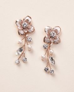 Petite Pearl & Floral Earrings - Shop Bridal Jewelry | Dareth Colburn Rose Gold Pearl Drop Flower Earrings, Rose Gold Flower Drop Earrings With Pearl, Pearl Flower Charm Drop Earrings, Rose Gold Flower-shaped Earrings With Pearl Drop, Rose Gold Flower Earrings With Pearl Drop, Pearl Flower Earrings With Flower Charm, Pearl Flower Charm Earrings, Gold Crystal Flower Earrings, Elegant Flower Shaped Crystal Earrings With Flower Charm