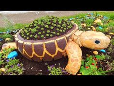 a turtle planter sitting in the middle of a garden filled with flowers and plants