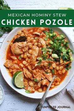 Mexican chicken pozole or posole stew recipe in bowl with toppings Healthy Pozole Recipe, Chicken Hominy Soup Mexican Posole, Chicken Posole Soup, Mexican Soups Pozole, Chicken And Hominy Soup, Easy Traditional Mexican Dishes, Recipe With Hominy, Mexican Posole Recipe, Chicken Hominy Soup