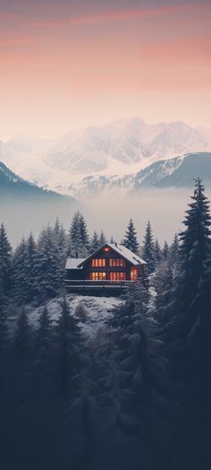 a cabin in the middle of a forest with mountains in the background at sunset or dawn