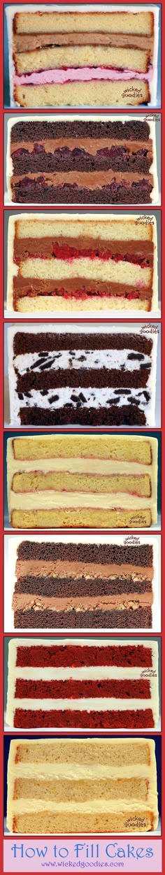 four different layers of cake on top of each other with chocolate and strawberry fillings