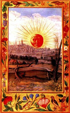 a painting with an orange sun in the middle and buildings on the other side of it