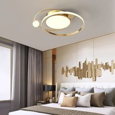 a modern bedroom with gold accents and white bedding, along with large windows overlooking the city