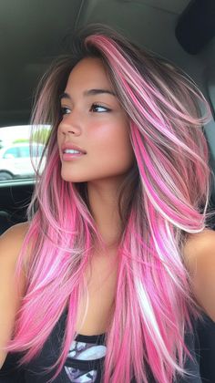 Style your hair with pink peony highlights that enhance tan skin. Visit our page for tips on achieving this beautiful color. Save this pin for highlight inspiration! Tags: #PinkPeonyHighlights #HairColor #TanSkin Pink Balayage Highlights, Maroon Blonde Hair, Fun Colored Hair Ideas, Brown Hair With Pink Highlights, Fuschia Hair, Highlight Inspiration, Pink Hair Streaks, Exotic Hair Color, Gorgeous Hair Color