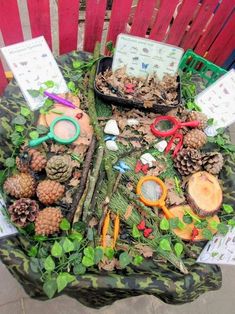 an arrangement of pine cones, scissors and other items on a green tablecloth with red chairs in the background