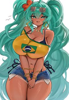 a cartoon girl with green hair and sunglasses on her head, wearing a bathing suit