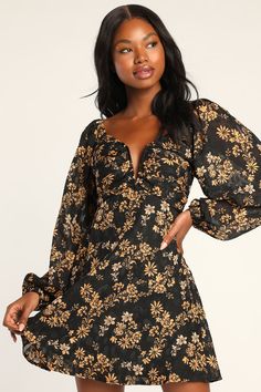 Update your style for the new season with the casual yet elegant vibes of the Lulus Dressed Up Darling Black Floral Balloon Sleeve Mini Dress! Lightweight woven chiffon, with a subtle jacquard and chic floral print throughout, shapes long balloon sleeves (with elastic at the cuffs and shoulders) that frame a gathered bodice with a hidden V-bar at the neckline. Skirt has a relaxed fit and falls to an airy mini hem. Hidden zipper/clasp at back. Fit: This garment fits true to size. Length: Mid-thig Fall Dress Outfits Women, Long Sleeve Burgundy Dress, Elegant Vibes, Grad Outfits, Floral Balloons, Gathered Bodice, High Low Maxi Dress, Lulu Fashion, Long Sleeve Sequin