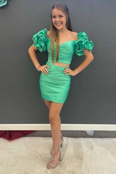 Modsele two-piece green mini homecoming dress features off-the-shoulder neck and ruffled sleeves.#hoco2k22#homecomingdresses#formaldresses Green Mini Dress For Prom Season, Fitted Two-piece Summer Prom Dress, Green Mini Dress For Party, Green Mini Dress For Spring Homecoming, Spring Party Two-piece Mini Dress, Homecoming Dresses Yellow, Homecoming Dresses Green, Mini Homecoming Dress, A Line Cocktail Dress