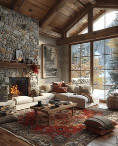 a living room filled with furniture and a fire place in the middle of a room