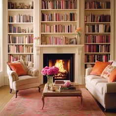 a living room filled with furniture and a fire place in front of a bookshelf