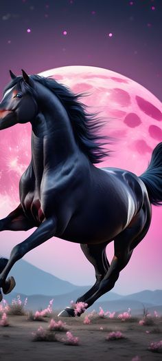 a black horse is galloping in front of a pink full moon with stars on it