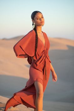 KAÏA PLUNGING KAFTAN - MOCHA – Kadimah Bohemian V-neck Kaftan With Tie Waist, Spring Evening V-neck Kaftan, Bohemian Maxi Dress With V-neck And Ruched Details, Elegant Maxi Dress With Gathered Sleeves For Vacation, Chic Maxi Dress With Gathered Sleeves For Beach, Chic Beach Maxi Dress With Gathered Sleeves, Elsa Hosk Style, Summer Wardrobe Staples, Cotton Gauze Fabric