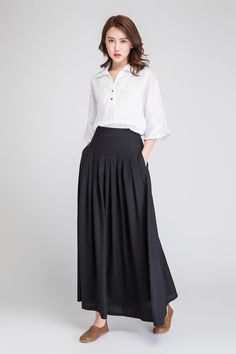 "We have many black linen skirt style. This black skirt is created for the new coming. More customer request pleated, yes, we know you like pleated. Of course, two side pockets is needed. This black linen skirt opend by side zipper. It is a long linen skirt. Details: * 50% linen, 50% cotton * Seam pockets * Right zipper closure * Fitted waist * Pleating from the middle hip part * Ankle length * Perfect for summer, spring, autumn * Wash by hand or machine with cold water * Size Chart https://etsy Maxi Skirt High Waisted, Long Linen Skirt, Linen Maxi Skirt, Tailored Clothes, High Waisted Maxi Skirt, Skirt Summer, Skirt Pleated, Skirt With Pockets, Beautiful Skirts