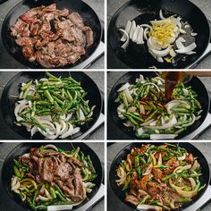 four pictures show the process of cooking meat and veggies in a skillet