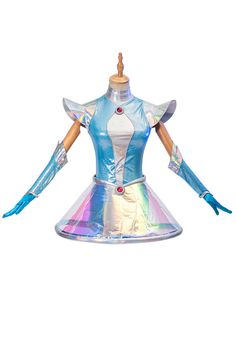 an image of a woman's dress made out of shiny material and blue gloves