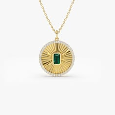 14K Emerald and Diamond Medallion Necklace – FERKOS FJ Gold Round Emerald Necklace Hallmarked, Gold Round Hallmarked Emerald Necklace, Gold Diamond-cut Emerald Necklace, Luxury May Birthstone Necklace With Diamond Accents, Gold 14k Diamond Cut Emerald Necklace, Gold Emerald Necklace With Diamond Cut In 14k Gold, Yellow Gold Necklace With Emerald And Polished Finish, Gold Emerald Jewelry With Diamond Cut, Yellow Gold Emerald Necklace With Polished Finish