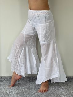 "Gauze Bells Lady Cotton Gauze, Yoga Dance Play Pants They are light, but not transparent, having a shorts lining of cotton. Wide smocking in the back provides a comfortable fit for all the moves. Measurements: Waist: 22\"-44\" inches around, expandable Hip (booty): up to 44\" inches around Inseam 26\" Total length: 37\" #gauze cotton, olive green, shorts lining, smocking, elastic ❤️ Special offer Coupon code❤️ BUYFOR2 : Get discount 10% for the order 2 items. BUYFOR3 : Get discount 15% for the Bohemian White Yoga Bottoms, Fitted Cotton Bloomers With Elastic Waistband, Spring Stretch Cotton Bloomers, White Full Length Yoga Pants For Summer, White Fitted Cotton Harem Pants, Stretch Cotton Bloomers With Elastic Waistband, Fitted Cotton Yoga Pants For Summer, White Cotton Yoga Pants For Spring, Fitted Cotton Beach Pants