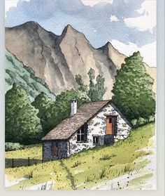 a watercolor painting of a house in the mountains with trees and grass around it