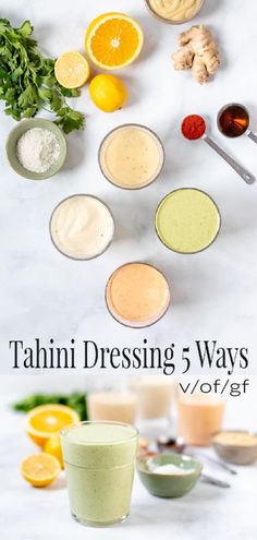 there are many different types of dressings on the table with oranges and other ingredients