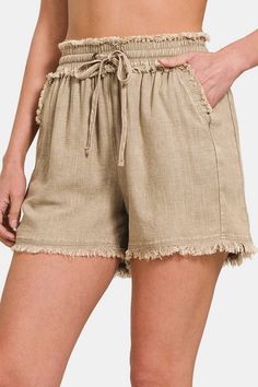 Zenana Washed Linen Frayed Hem Drawstring Shorts - Sydney So Sweet Khaki Shorts For Vacation, Khaki Cotton Shorts For Vacation, Khaki Beach Shorts For Summer, Casual Khaki Beach Shorts, Khaki Shorts For Summer Vacation, Khaki Beach Shorts With Elastic Waistband, Summer Khaki Cotton Shorts, Khaki Beach Shorts, Khaki Relaxed Fit Beach Shorts