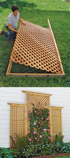 a man kneeling down next to a wooden trellis