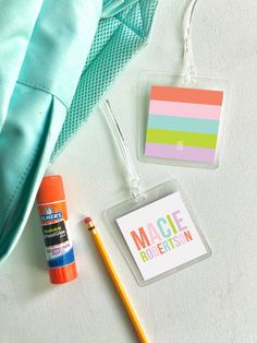 "These adorable bag tags make any back pack or suitcase look super cute. 3x3\" Square. Pick two colors and send name in notes to seller. Takes 1-2 weeks for delivery. View other notebooks, note cards, enclosure cards and more here: https://www.etsy.com/in-en/shop/JOYcreativeshop Thank you for taking a look!" Playful Multicolor Craft Supplies For End Of School Year, Playful Rectangular Craft Supplies For Back To School, Playful Craft Supplies For End Of School Year, Playful Craft Supplies For School's End Of Year, Personalized Cute Craft Supplies For Back To School, Cute Personalized Craft Supplies For Back To School, Personalized Multicolor Craft Supplies For Back To School, Cute Customizable Craft Supplies For School, Personalized Fun School Craft Supplies