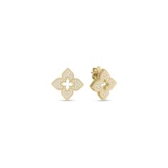 Roberto Coin Jewelry - 18K Y DIAMOND VENETIAN PRINCESS EARRING | Manfredi Jewels Diamond Flower Earrings, Pave Earrings, Yellow Gold Diamond Earrings, Princess Earrings, Roberto Coin, Yellow Gold Setting, Gold Diamond Earrings, Princess Diamond, Diamond Flower