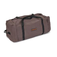 the large duffel bag is grey and has black straps on it's sides