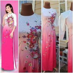 New With Pant Pink Ao Dai For Evening Spring Events, Summer Evening Ao Dai, Spring Evening Pink Ao Dai, Spring Ao Dai With Floral Print And Short Sleeves, Fitted Floral Print Ao Dai For Summer, Pink Floral Print Ao Dai For Spring, Fitted Pink Ao Dai For Spring, Spring Pink Ao Dai With Floral Print, Fitted Ao Dai With Floral Print For Spring