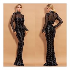 This Glamorous Gown Is Crafted From Luxurious Polyester, With Sparkling Sequin That Will Make You Shine. Every Woman Needs A Sexy Black Go To Dress. Perfect For Engagement Parties, Date Night, Weddings, Birthdays, Dinner Parties 100% Polyester Stretch Black Sequin Zipper Closure High Neck Wave Sequin Pattern Long Maxi Evening Gown Bodycon Evening Gown With Sequins, Full Length, Black Long Sleeve Gala Gown, Glamorous Black Long Sleeve Gown, Black Long Sleeve Gown With Sequins, Long Sleeve Black Gown With Sequins, Full-length Sequined Evening Dress, Full Length Sequined Evening Dress, Sequined Full-length Evening Dress, Black Sequined Full-length Dress