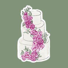 a three tiered cake with pink flowers on the top and green leaves on the bottom