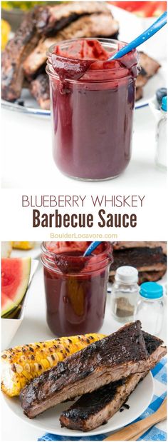 blueberry whiskey barbecue sauce with grilled ribs and watermelon on the side