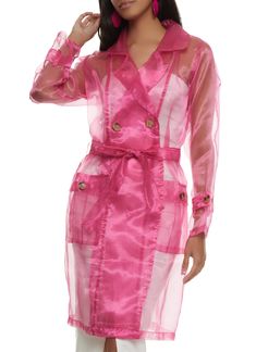 Long Sleeves, Collar, Trench Coat, Sheer, Tie Waist Belt, Undergarments Sold Separately, Solid, Organza, Item Number 1008038344808 Elegant Pink Summer Outerwear, Pink Summer Outerwear For Work, Chic Pink Summer Outerwear, Feminine Pink Summer Outerwear, Organza Trench Coat, Rainbow Shop, Waist Belt, Item Number, Outerwear Jackets