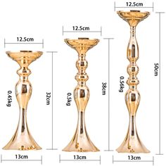 three gold candlesticks with measurements for each candle holder and the size to choose from