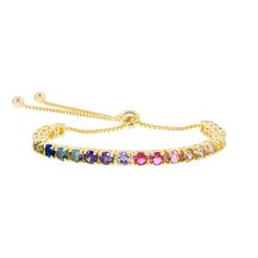 "Scintillating with style, this rainbow-inspired bolo bracelet abounds with beauty.BRACELET DETAILSLength: adjusts to 9 in. Closure: adjustableMetal: sterling silverAdditional details: colorful cz accentsPackaging: boxedGemstones may have been treated to enhance their appearance. Special care may be required. Size: 7"". Color: Multicolor. Gender: female. Age Group: adult. Material: Gold Over Sterling." Adjustable Yellow Gold Tennis Bracelet, Multicolor Jubilee Bracelet Jewelry, Rainbow Cubic Zirconia Bracelets For Gift, Rainbow Cubic Zirconia Bracelets As Gift, Rainbow Cubic Zirconia Bracelet For Gift, Rainbow Cubic Zirconia Bracelet As Gift, Adjustable Multicolor Tennis Bracelet Gift, Adjustable Multicolor Tennis Bracelet As Gift, Adjustable Multicolor Tennis Bracelet