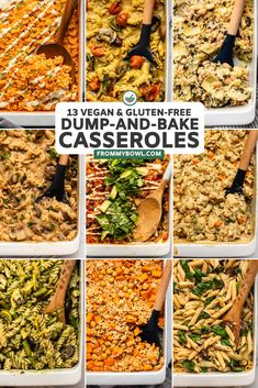 a collage of images showing different types of dump and bake casseroles