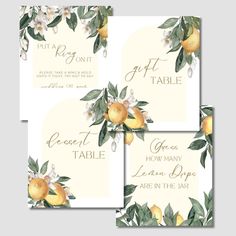 three lemons and leaves wedding place cards