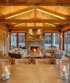 a living room filled with furniture and a fire place in the middle of a room