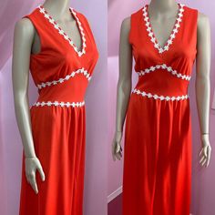 "Vintage late 1960s /1970s red polyester maxi dress has fitted bodice with v-neckline and long a-line skirt. Dress has white daisy appliqué trim and metal zipper down the back. There's a tiny hole on skirt, a couple snags and a few pinholes by hem and a few tiny spots on skirt, nothing major or very noticeable. Dress appears to be house made No label Overall Very Good Condition Fits Size Small Measurements are: Bust to 36\" Waist 26\" Hips 46\" Bodice Depth 16\" Length 43.5\" Shoulders 12\" Swee Retro V-neck Lined Maxi Dress, 1970s Fitted Sleeveless Maxi Dress, Red Sleeveless Vintage Maxi Dress, 1970s Red Summer Dresses, 1970s Style Red Summer Dresses, Red 1970s Style Summer Dress, Vintage White V-neck Maxi Dress, Late 70s Fashion, 60s Fashion Women