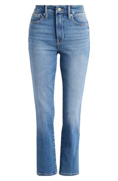 Made from stretchy denim in a classic wash, these straight-leg jeans complement every curve and feature slight distressing. 26 1/2" plus inseam; 17" leg opening; 12 1/2" front rise; 19" back rise (size 18) Zip fly with button closure Five-pocket style 72% cotton, 20% recycled cotton, 6% polyester, 2% elastane Machine wash, tumble dry Imported Black Owned/Founded Straight Fit Mid-rise Cropped Jeans In Medium Wash, Classic Straight Cropped Jeans With Frayed Hem, Classic Straight Cropped Jeans In Medium Wash, Classic Straight Flare Jeans With Frayed Hem, Wardrobe Closet, Womens Jeans, Good American, Recycled Cotton, Straight Leg Jeans