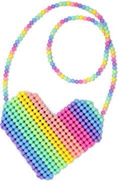 a multicolored heart shaped beaded necklace on a white background