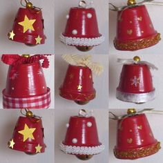 red and white christmas bells with gold stars on them, hanging from the side of a wall