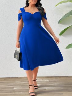 Royal Blue Casual,Elegant Collar Short Sleeve Knitted Fabric Plain A Line Embellished Slight Stretch  Women Plus Clothing Romantic Date Dinner, Umbrella Skirt, Spring Trip, Date Dinner, Romantic Dates, Casual Shoes Women, Eos, Semi Formal