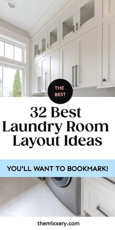 A bright, modern laundry room with white cabinetry and appliances with overlay text "32 Best Laundry Room Layout Ideas - You'll Want to Bookmark!" Laundry Quotes, Laundry Room Decor Ideas, Laundry Room Organization Ideas, Perfect Laundry Room, Narrow Laundry Room, Pantry Laundry Room, Pantry Laundry, Laundry Room Wallpaper, Laundry Room Flooring