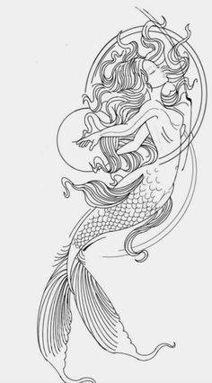 a drawing of a mermaid sitting on top of a wave with her hair blowing in the wind