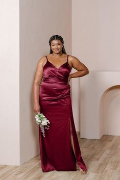 Model: Ashtyn; Size: 20 Tall Satin Slip Dress With Ruched Bodice For Bridesmaids, Satin V-neck Ruched Slip Dress, V-neck Satin Slip Dress With Ruched Details, Satin Slip Dress With Ruched V-neck, Bridesmaid Satin Dress With Ruched Bodice, Fitted Ruched Satin Slip Dress, Wedding Parties Colors, Jade Dress, Bridesmaid Dress Colors